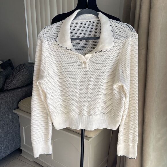 Corean Open Stitch Knit Polo Sweater Contrast Scallop Hem M - Picture 2 of 8